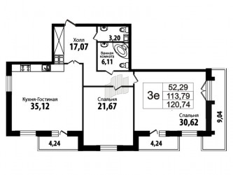 Двухкомнатная квартира 114.5 м²